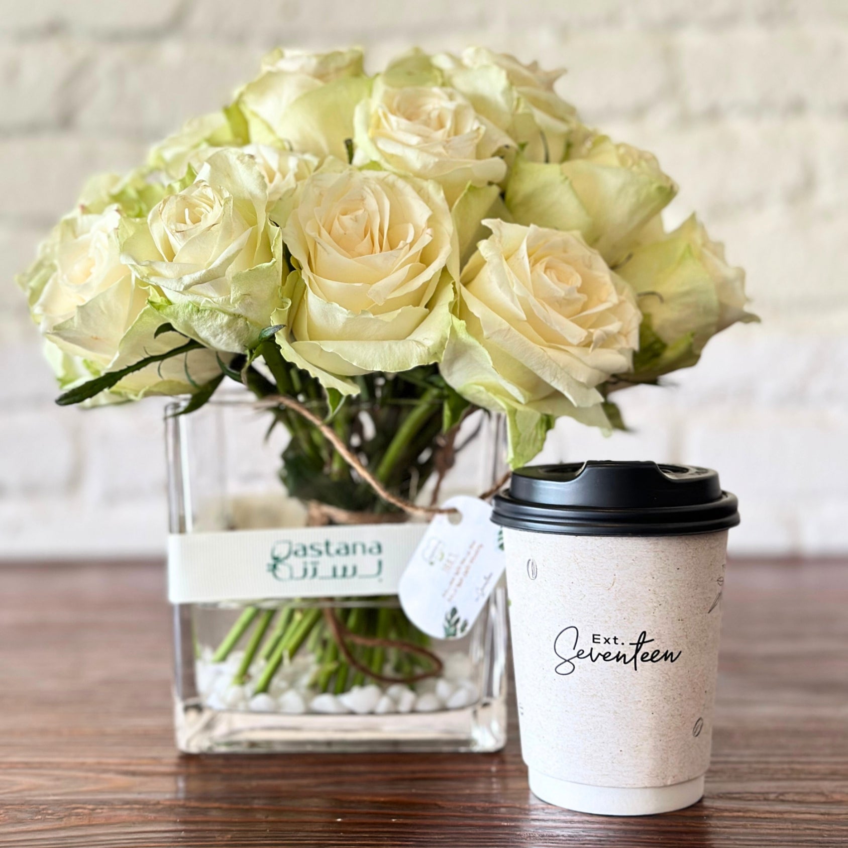 Pure Flowers Vase with Cup of Almond Coffee